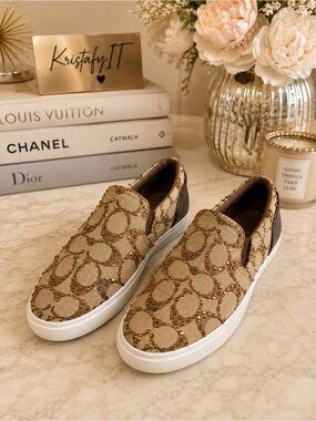 Coach Tan & White Signature Slip-On Sneakers Custom Rhinestone Crystal Women 8.5